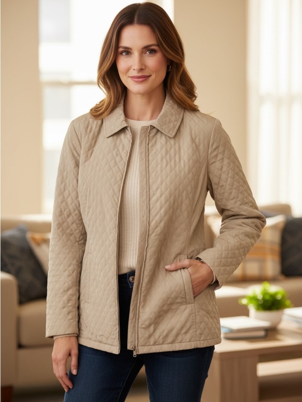 NEW YORK CLASSICS Tan Quilted Zip Up Lightweight Jacket Coat M